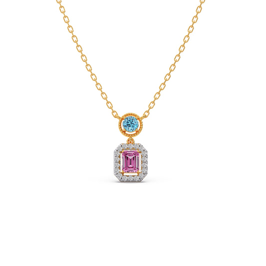 Emerald-Cut & Round Gemstone With Round Diamond Halo Pendant - Yellow