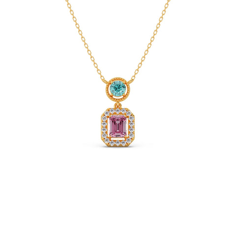 Emerald-Cut & Round Gemstone With Round Diamond Halo Pendant