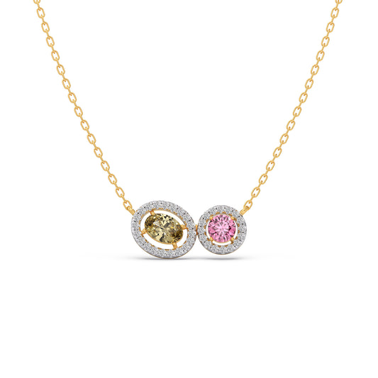 Oval & Round-Cut Halo Gemstone With Round Diamond Pendant - Yellow