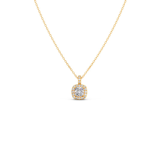 Cushion Diamond with Round Diamond Halo Necklace - Yellow