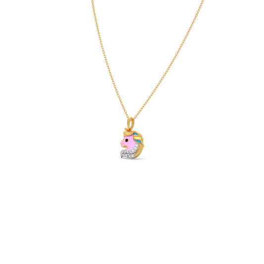Little Unicorn Diamond Kids Pendant With Chain - Yellow