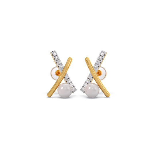Crisscross Pearl Diamond Stud Earrings. - Yellow