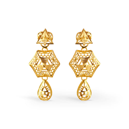 Solenne Hexagon Intricate Gold Dangle Earrings