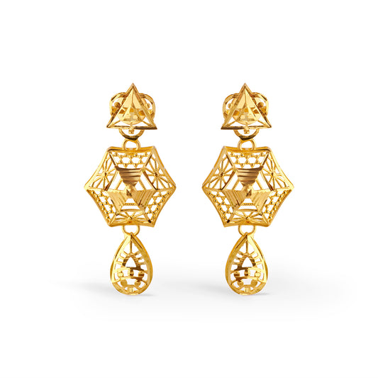 Solenne Hexagon Intricate Gold Dangle Earrings - Yellow