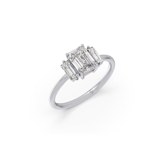 Emerald Cut with Side Baguette Three Stone Engagement Ring - White