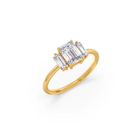 Emerald Cut with Side Baguette Three Stone Engagement Ring - Yellow