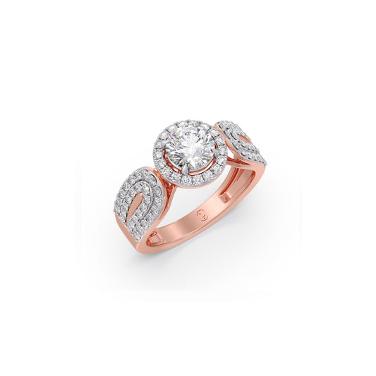 Round Halo Solitaire Ring with Diamond Accented Shoulders - Rose