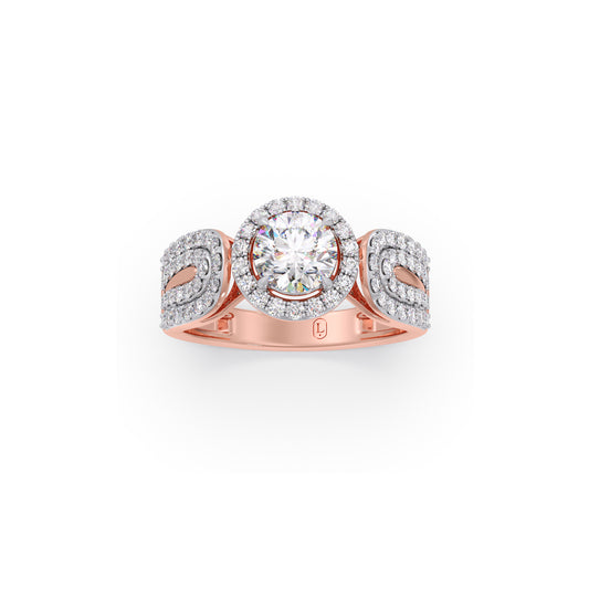 Round Halo Solitaire Ring with Diamond Accented Shoulders - Rose