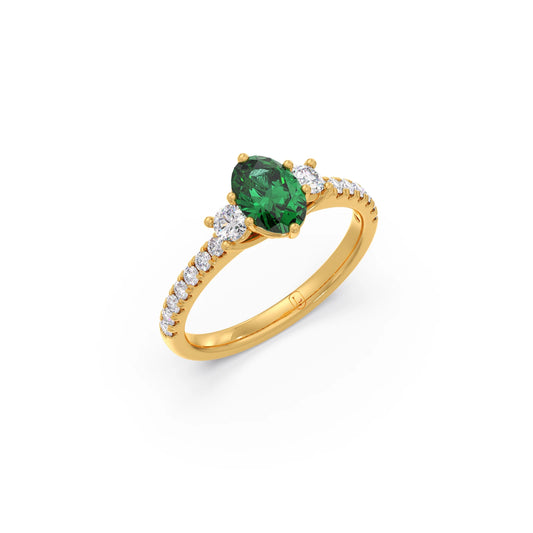 Green Gemstone and Round Diamond Trilogy Ring - Yellow