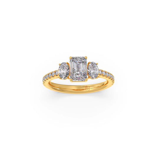 Emerald, Oval, and Round Diamond Trilogy Ring