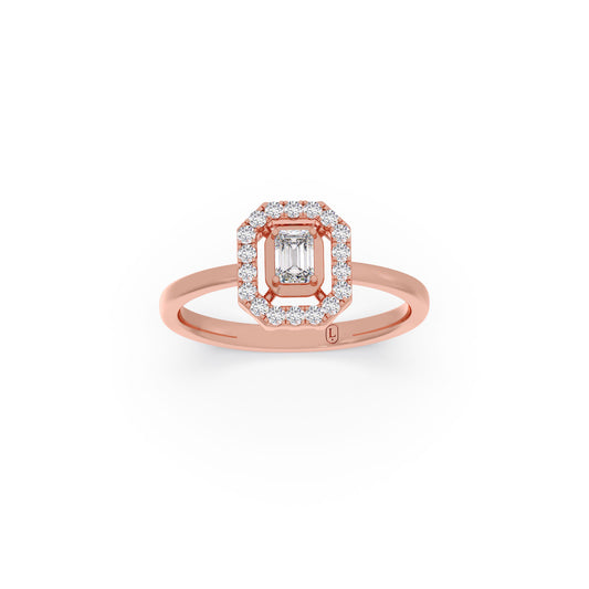 Octagonal Emerald & Round Diamond Halo Ring - Rose