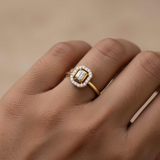 Octagonal Emerald & Round Diamond Halo Ring