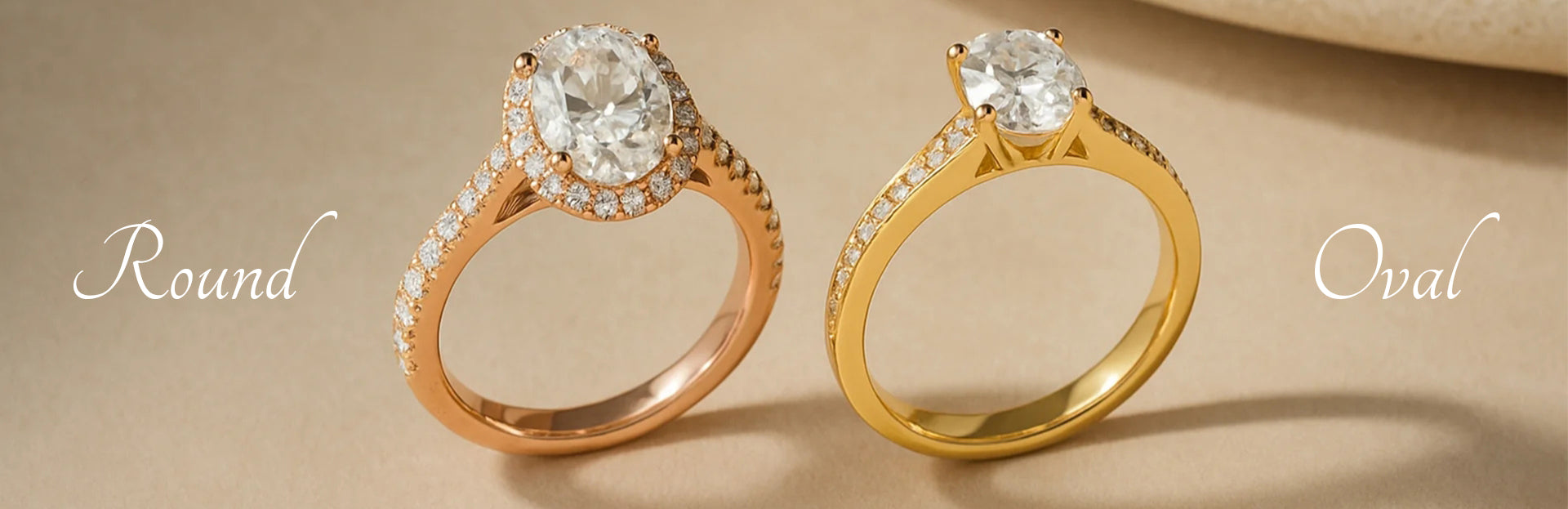 Two gold rings with gemstones labeled 'Round' and 'Oval' on a beige background