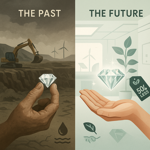 Illustration showing a diamond in a hand with environmental damage in the background labeled 'The Past' and a cleaner environment with a diamond in a hand labeled 'The Future'.