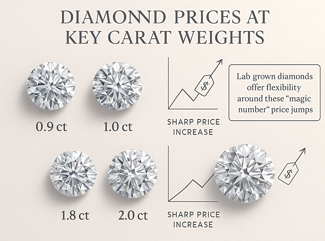 Diagram of diamond prices at key carat weights with visual representation of diamonds and price increase indicators.