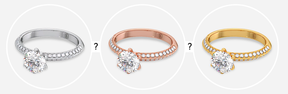 Three diamond rings in silver, rose gold, and yellow gold on a white background.