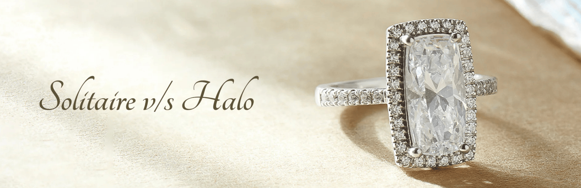 Diamond ring with 'Solitaire v/s Halo' text on a beige background