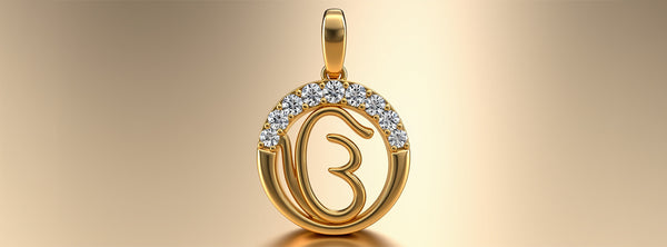 Gold pendant with letter 'Om' design on a beige background