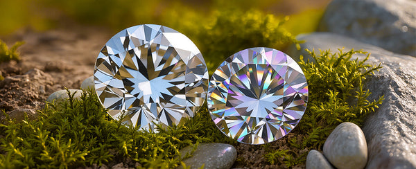 Two diamonds on a bed of moss and stones with a blurred natural background