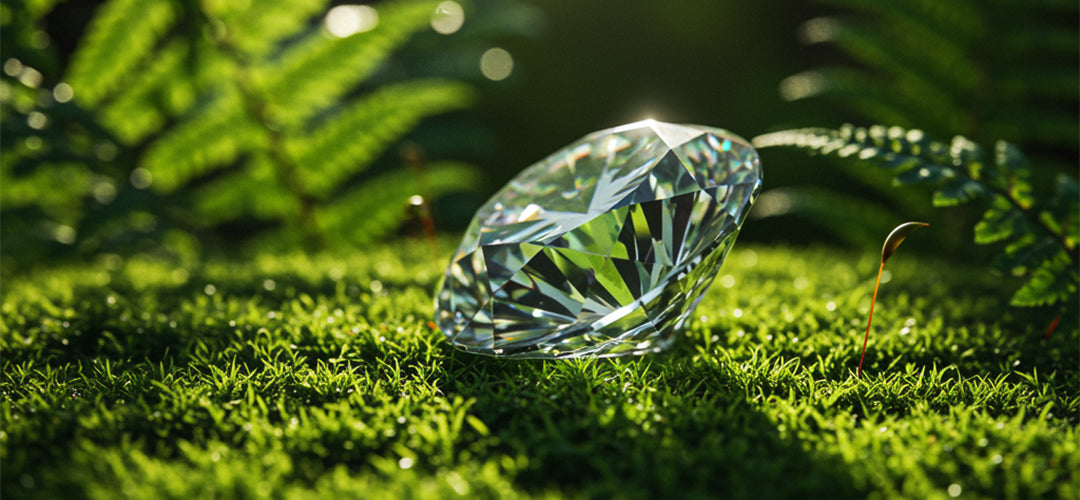 Clear gemstone on grass with a natural background