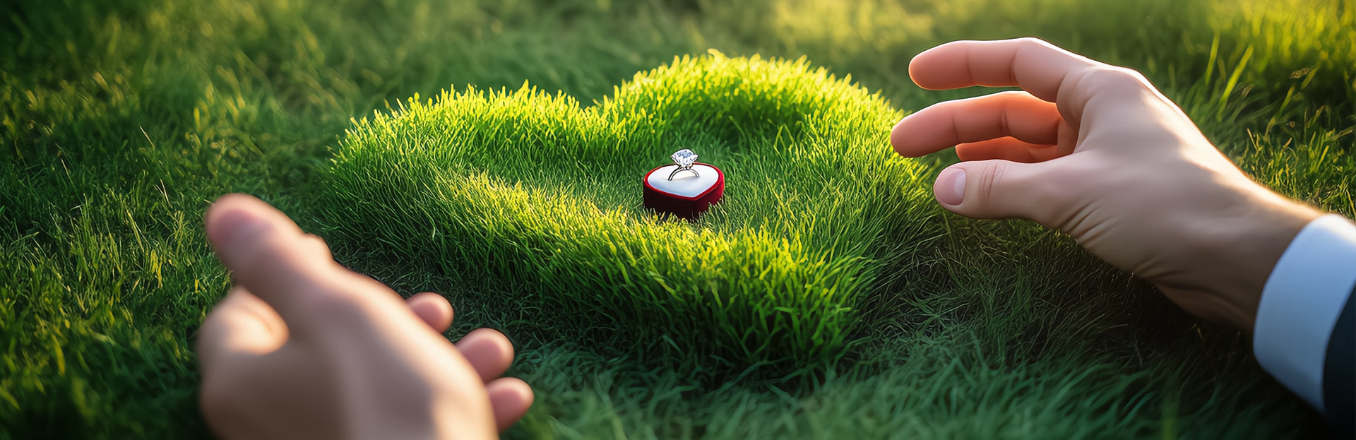 Two hands reaching towards a ring on a heart-shaped patch of grass.