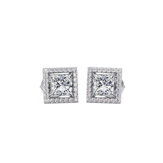 Princess Cut Diamond Halo Stud Earrings - White