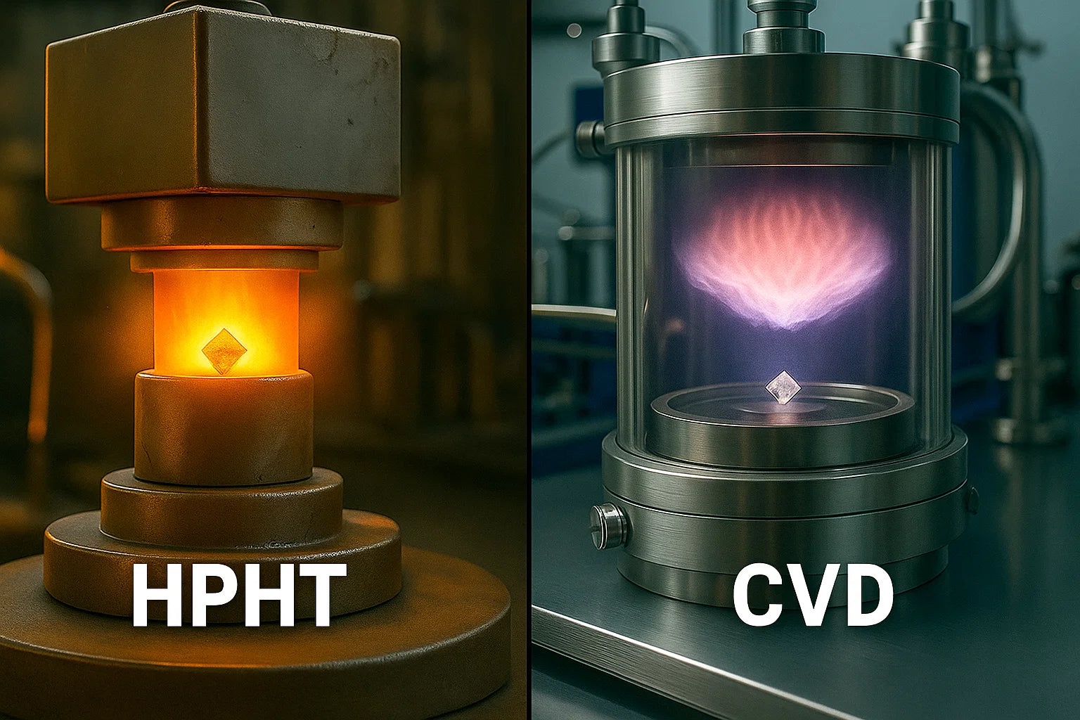 Two scientific equipment setups labeled 'HPHT' and 'CVD' in a laboratory setting.