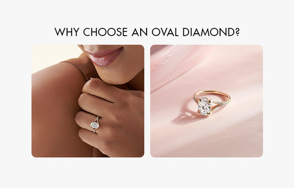 Diamond ring on a hand with text 'Why Choose an Oval Diamond?'